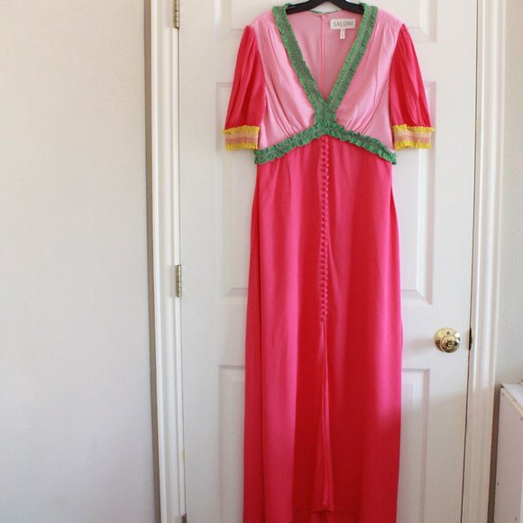 SALONI Lea Color-block Ruffled Smocked Crepe Maxi Dress Pink Green - Picture 2 of 12